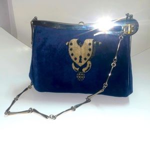VTG BRUMMEL HANDBAG SAPHIRE BLUE VELVET CB MONOGRAM INITIALS FAMILY CREST PURSE